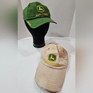 John Deere Adjustable Cap Lot of 2 One Green One Khaki READ